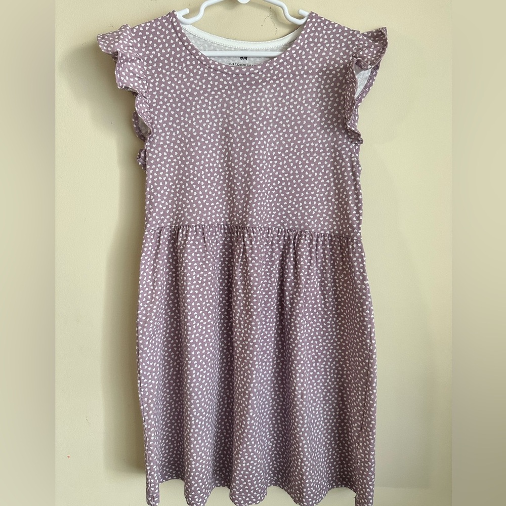 H&M Purple and White Knee-Length Sundress with Ruffled Flutter Sleeves